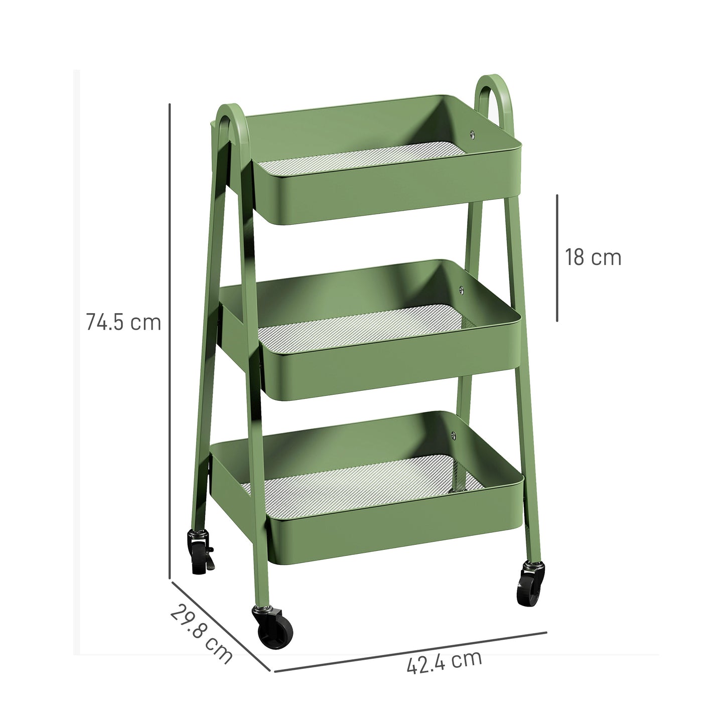 Leroco Metal Green 3 Tier Storage Trolley With Wheels