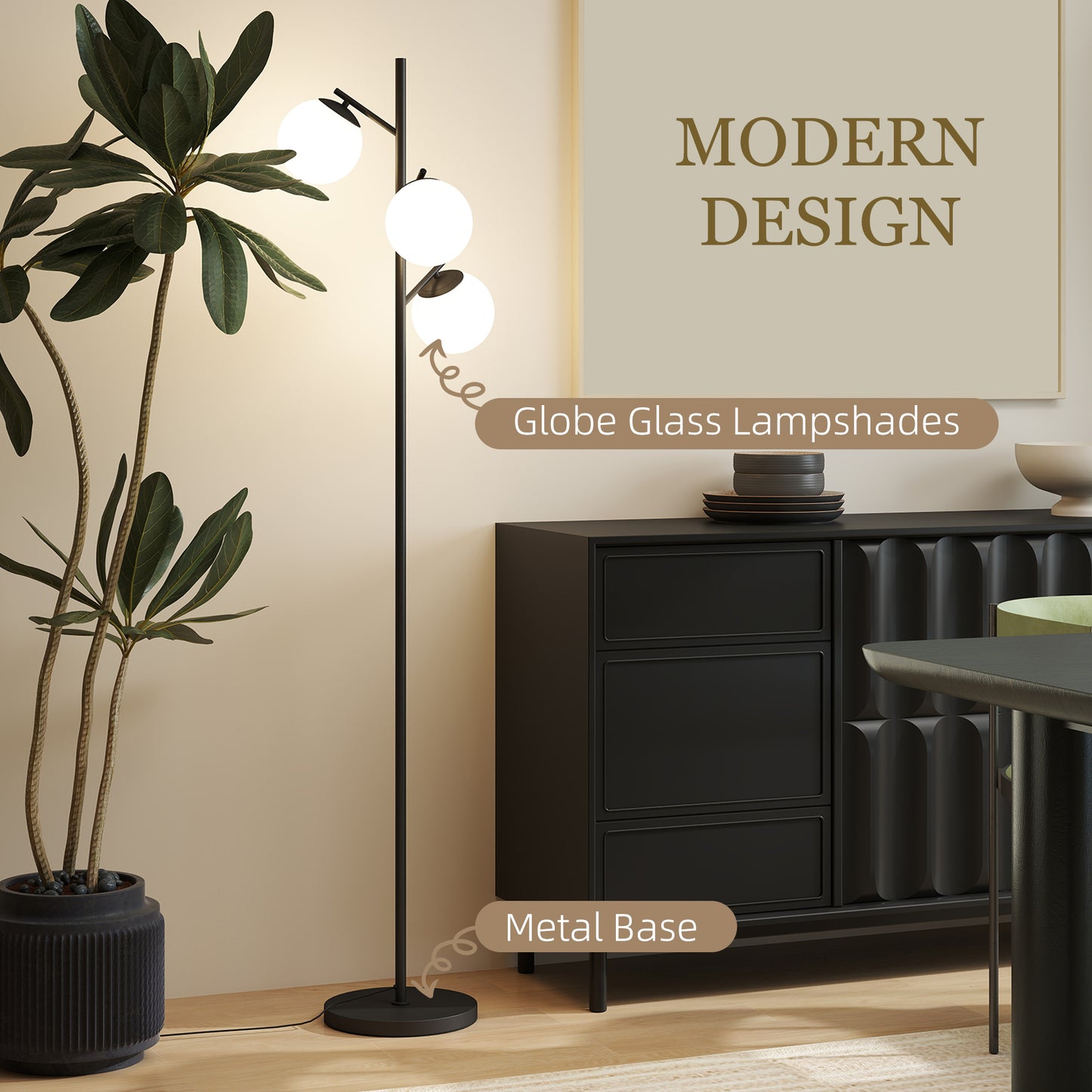 Dorizi Metal Black 3 Light Tree Floor Lamp With Globe Shades And Steel Base