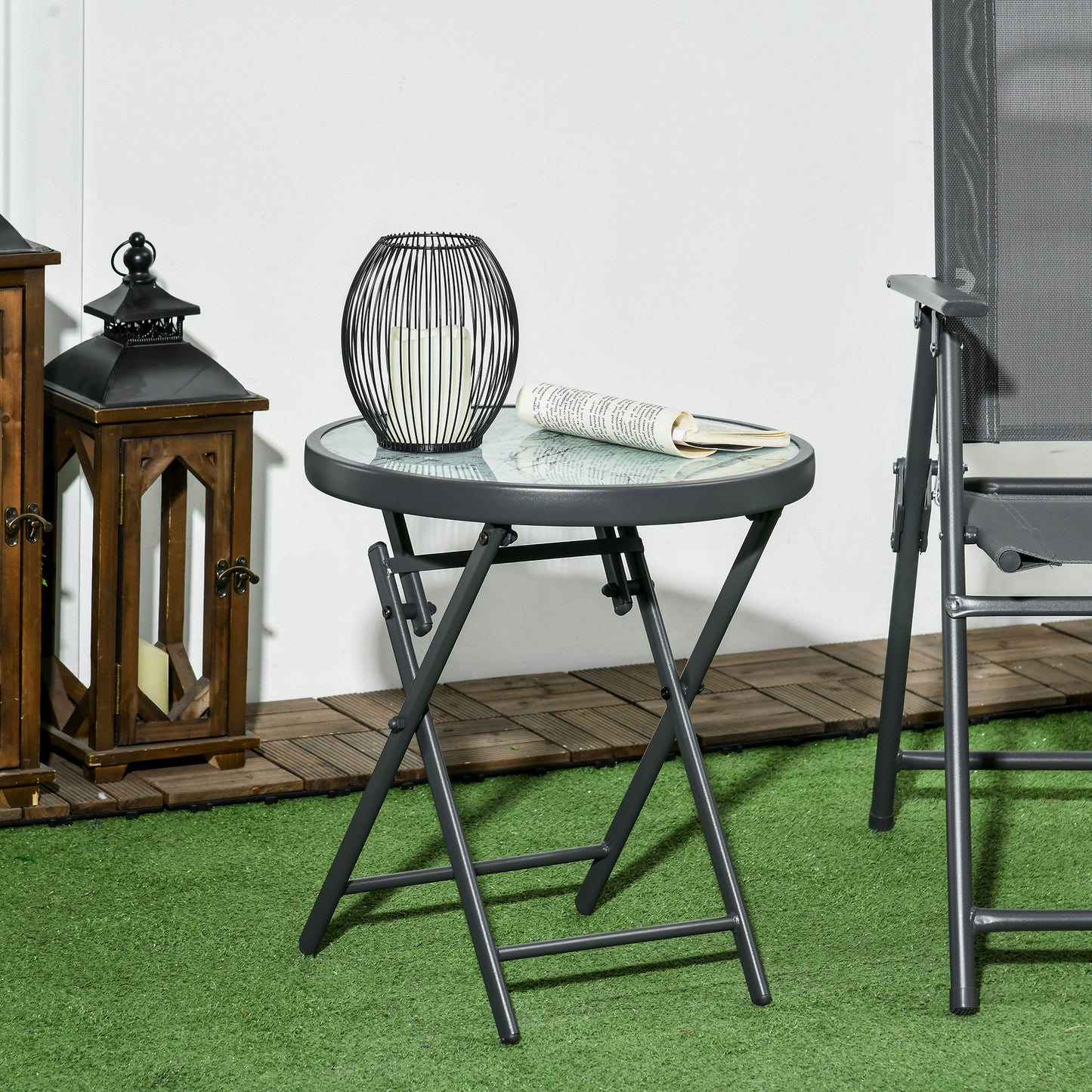 Lusafa Metal And Glass White Folding Outdoor Side Table 45cm With Marble Effect Top