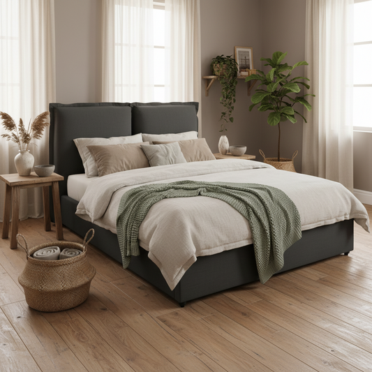 Wexford Deep Grey Linen Upholstered 4ft6 Double Bed Pillow Headboard