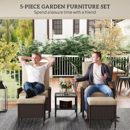 Hacore Dark Brown Rattan 5 Piece Garden Bistro Set With Footstols and Glass Table