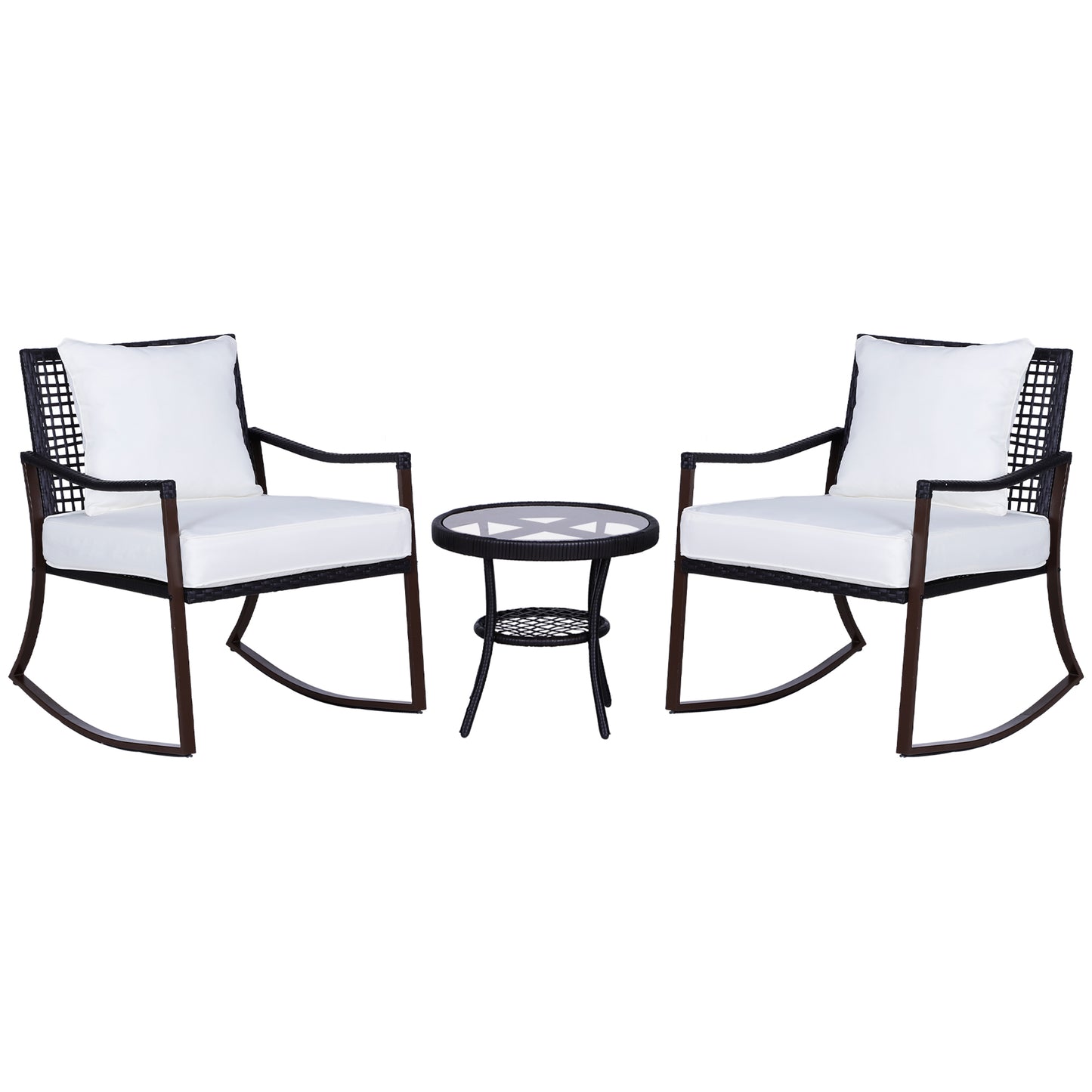Madile Brown Rattan 3 Piece Bistro Set With Rocking Chairs And Round Glass Coffee Table