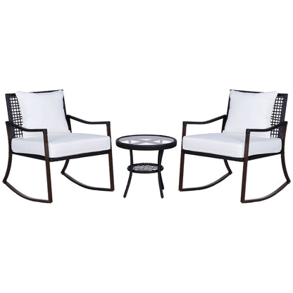 Madile Brown Rattan 3 Piece Bistro Set With Rocking Chairs And Round Glass Coffee Table
