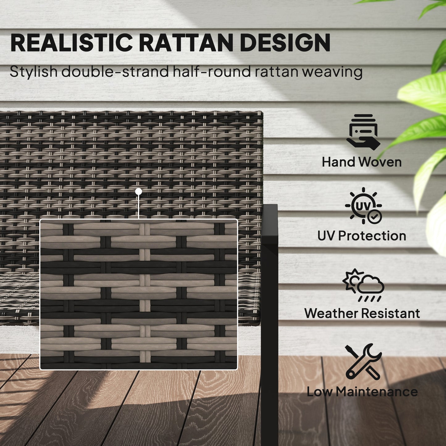 Batare Rattan Grey 2 Seater Garden Bench With Armrests
