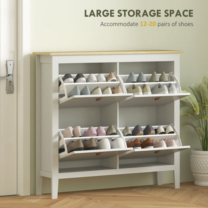 Milese Wooden White and Natural Modern 4 Drawer Shoe Cabinet Faux Leather Handles