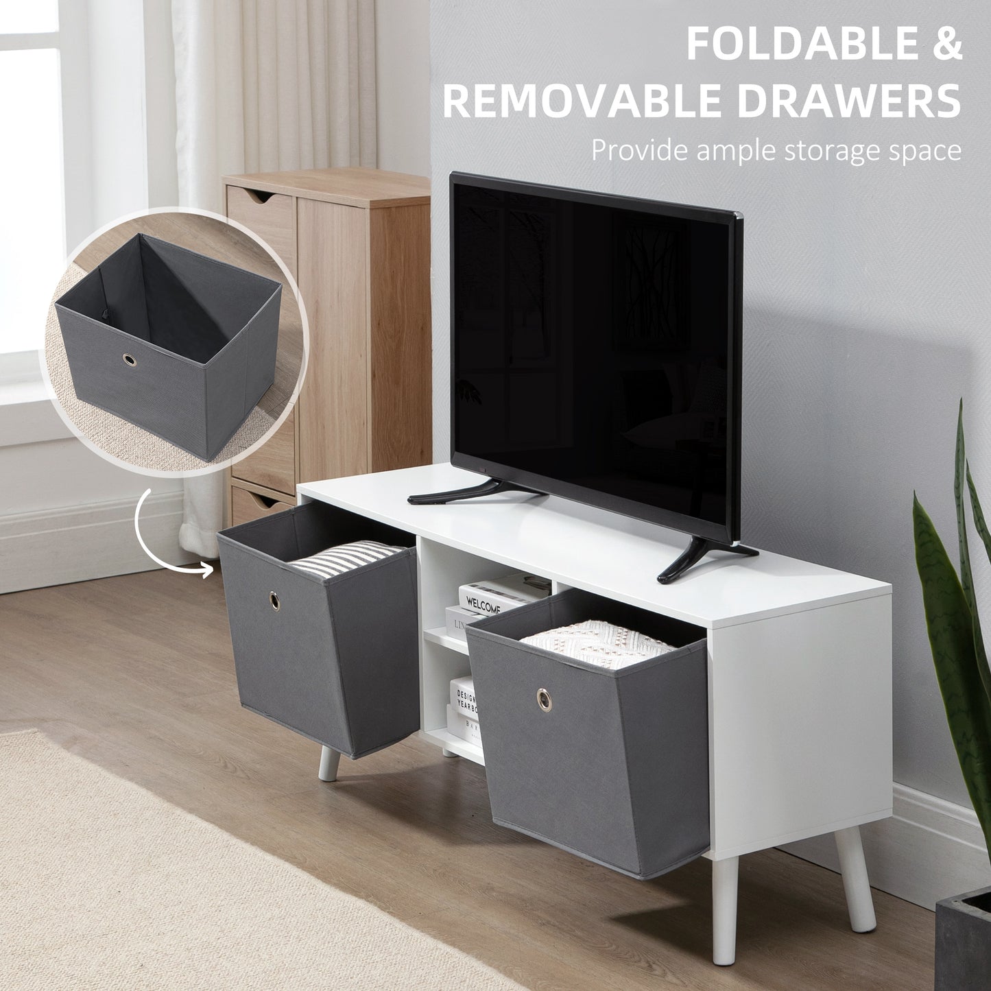 Nirona 110cm Wooden White TV Storage Cabinet With Grey Fabric Fold Down Drawers For Screens Up To 50 Inches