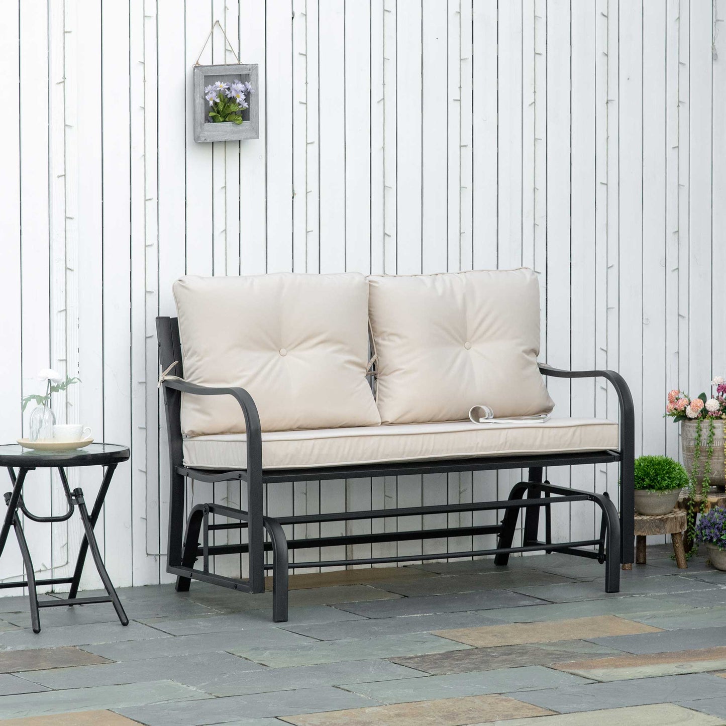 Yorota Metal And Fabric Cream 2 Outdoor Glider Bench With Cushions And Armrests