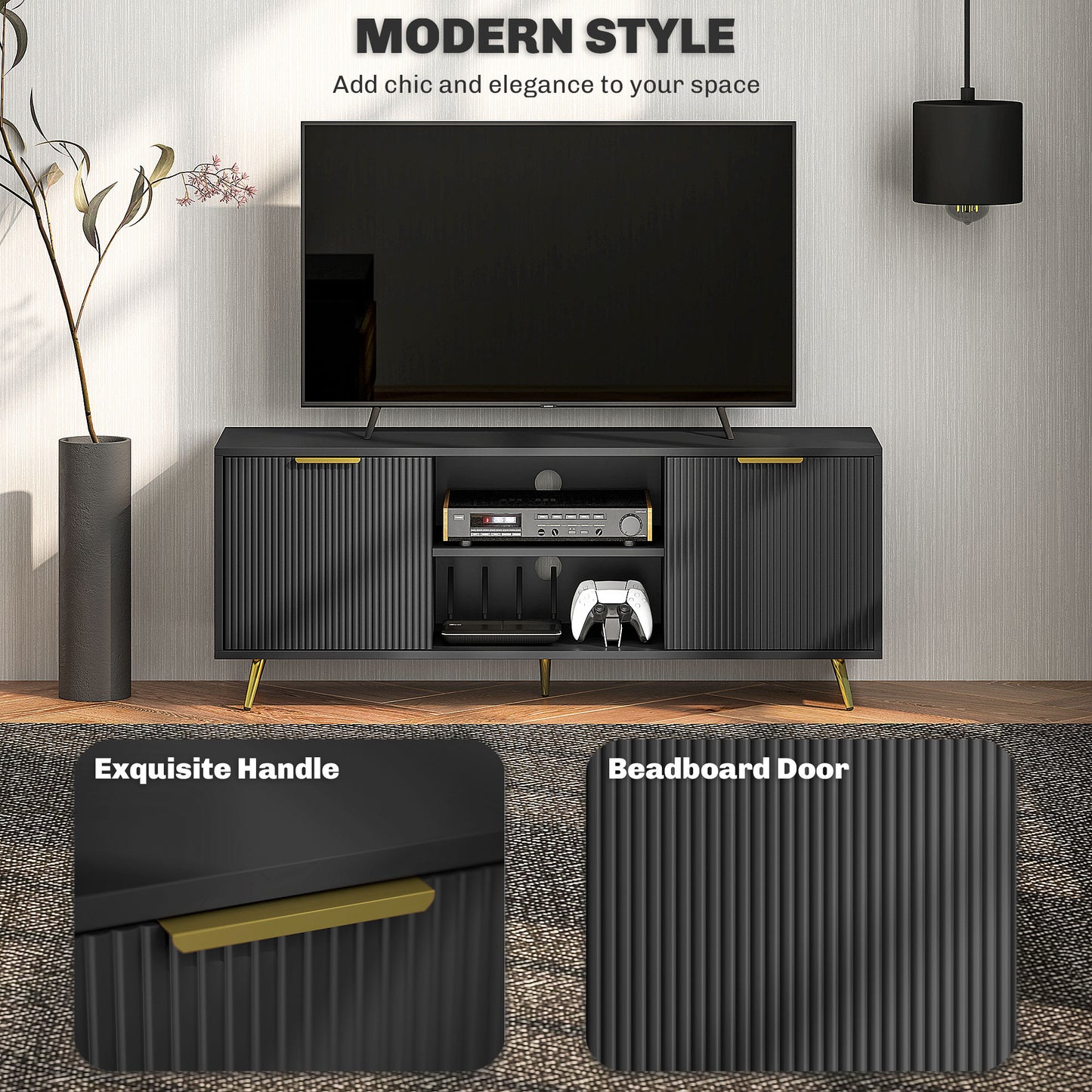 Ellini Wooden Black TV Stand With 2 Open Shelves 2 Doors For Screens Up To 55 Inches