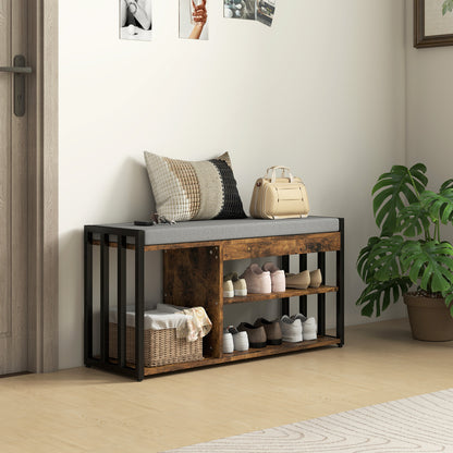 Soli Wooden Rustic Brown Upholstered Shoe Bench With 3 Shelf and Grey Padded Seat