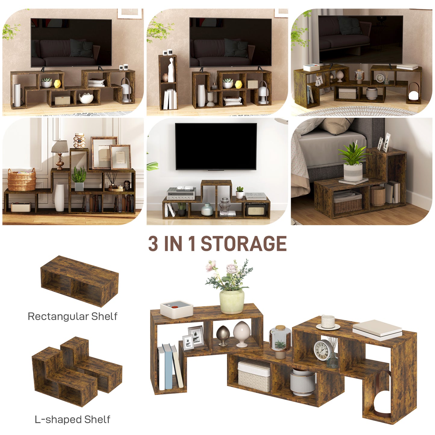 Paline Rase 130cm Wooden Rustic Brown 3 Block Modular TV Stand