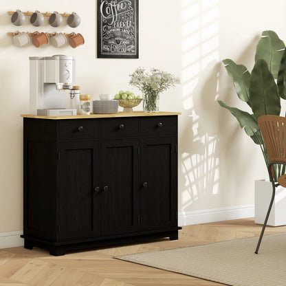 Tohave Black Wood Sideboard Natural Top 3 Doors 3 Drawers 3 Shelves