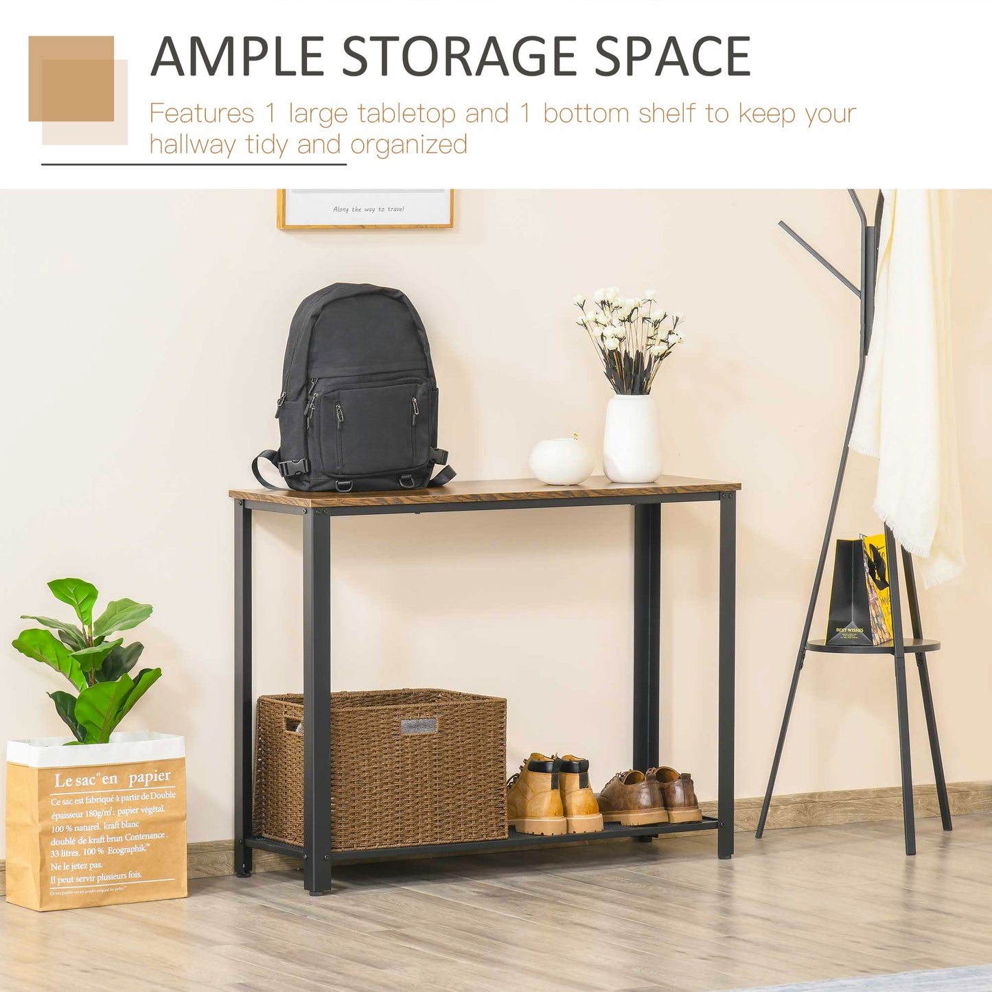Sovi 101cm Metal And Wooden Rustic Brown Industrial Console Table With Lower Mesh Shelf
