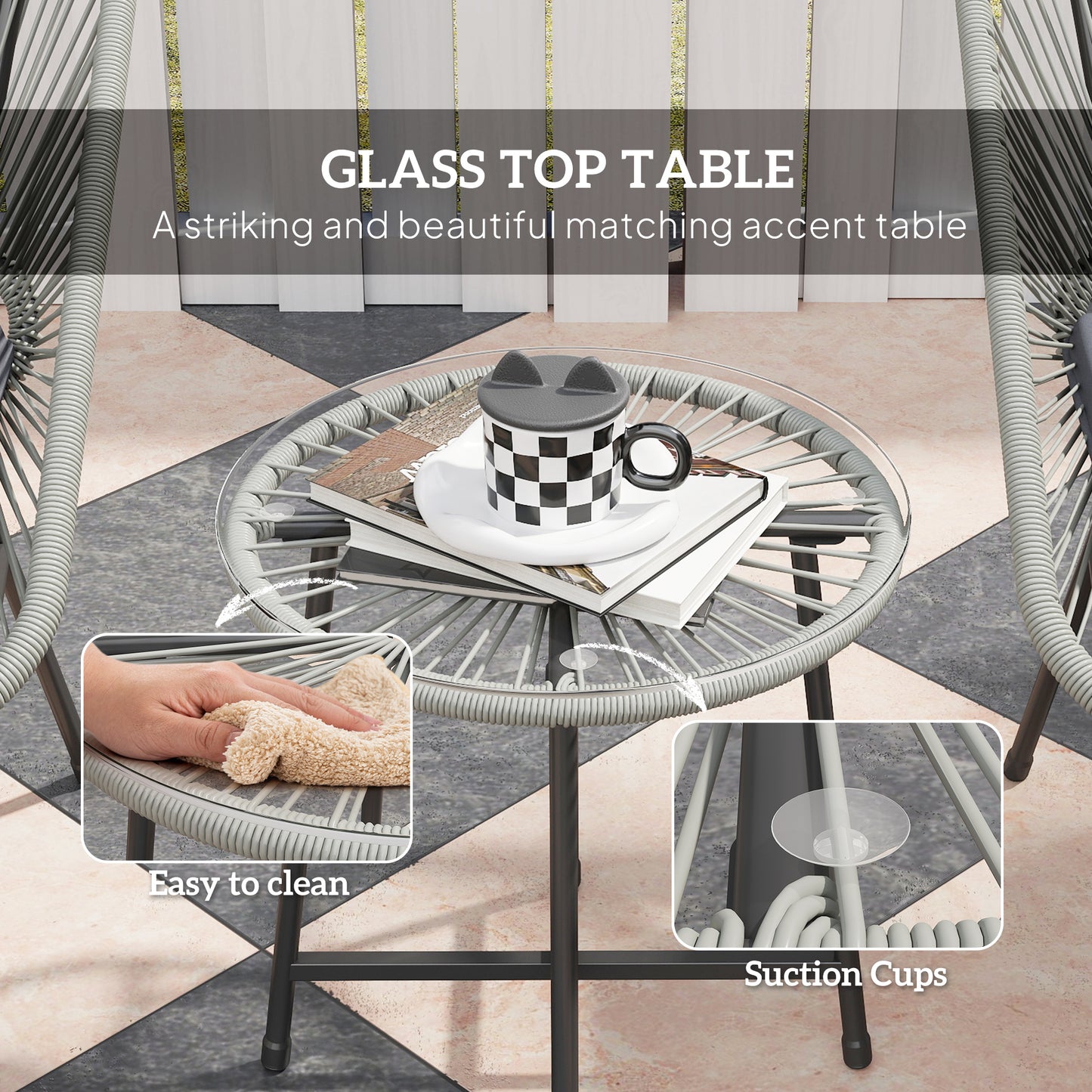 Sorino Rattan Rope Light Grey 3 Piece Outdoor Garden Bistro Furniture Set Glass Coffee Table