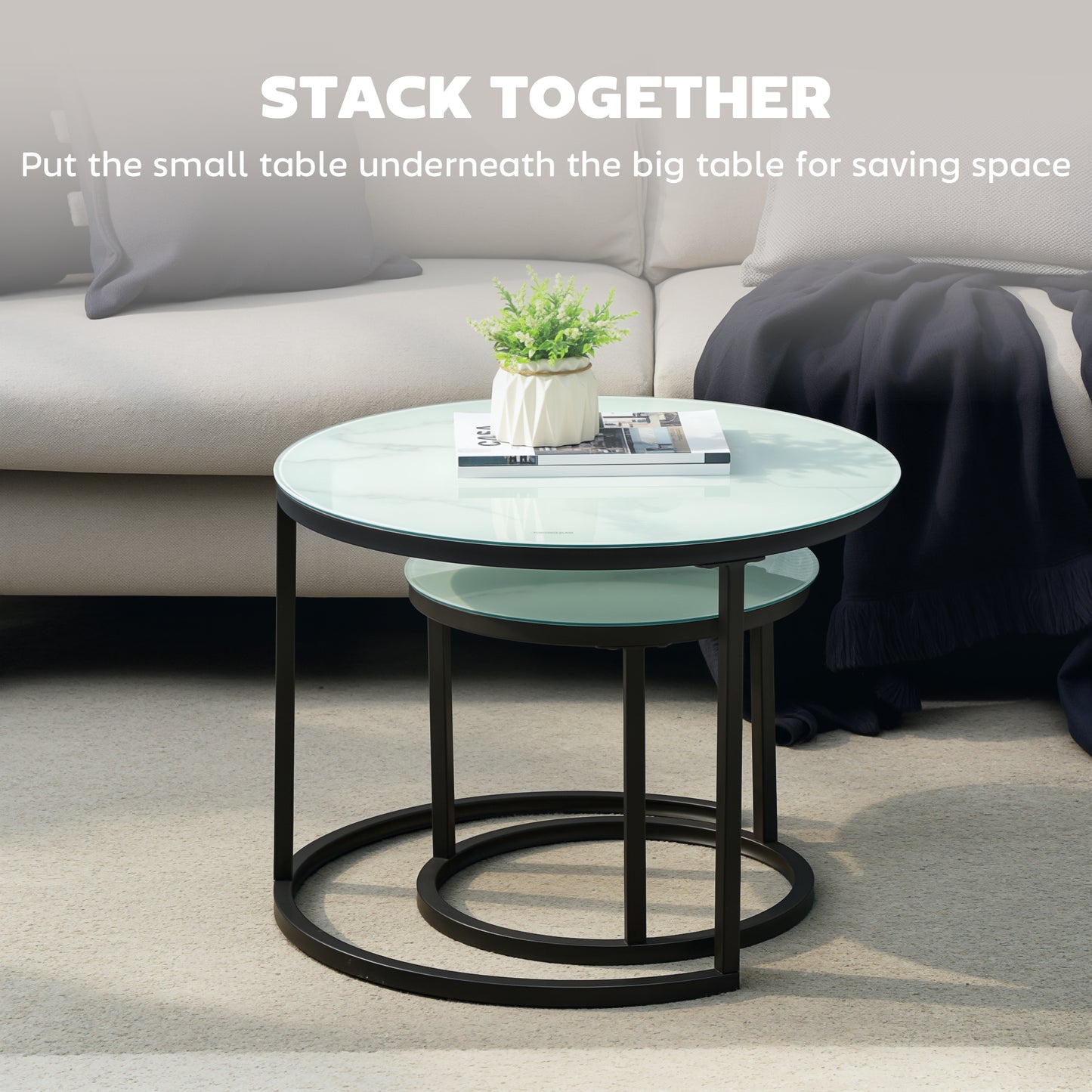 Sosuri Set Of 2 Round Nesting Tables Metal And Glass White With Marble Effect Tops
