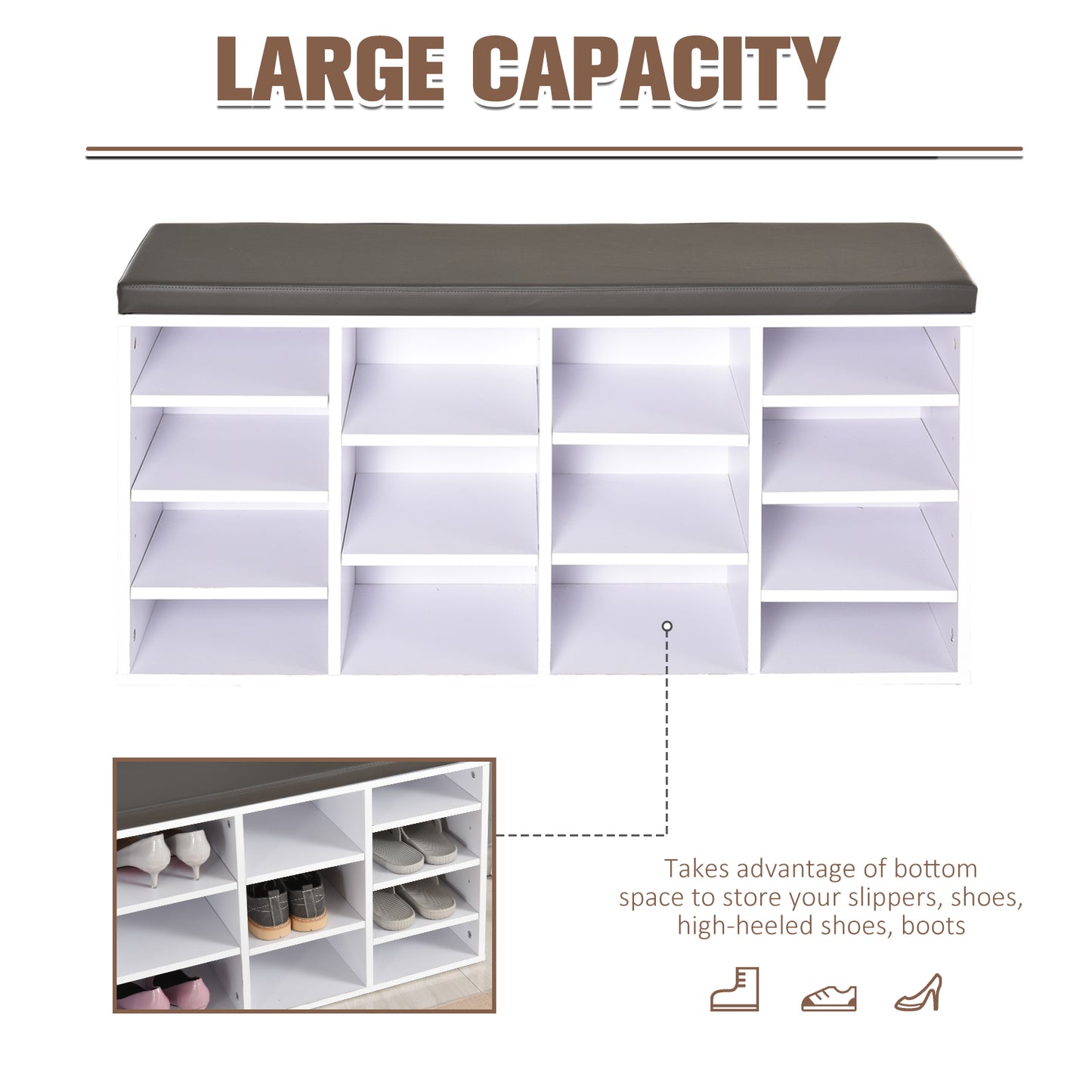 Noro Wooden White Multi Compartment Shoe Rack With Grey Cushion
