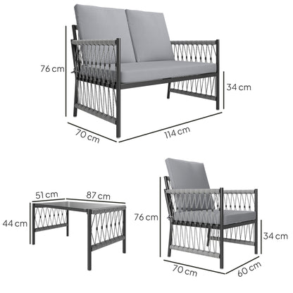 Zike Rattan Grey 4 Seater Outdoor Sofa Conversation Set With Glass Coffee Table