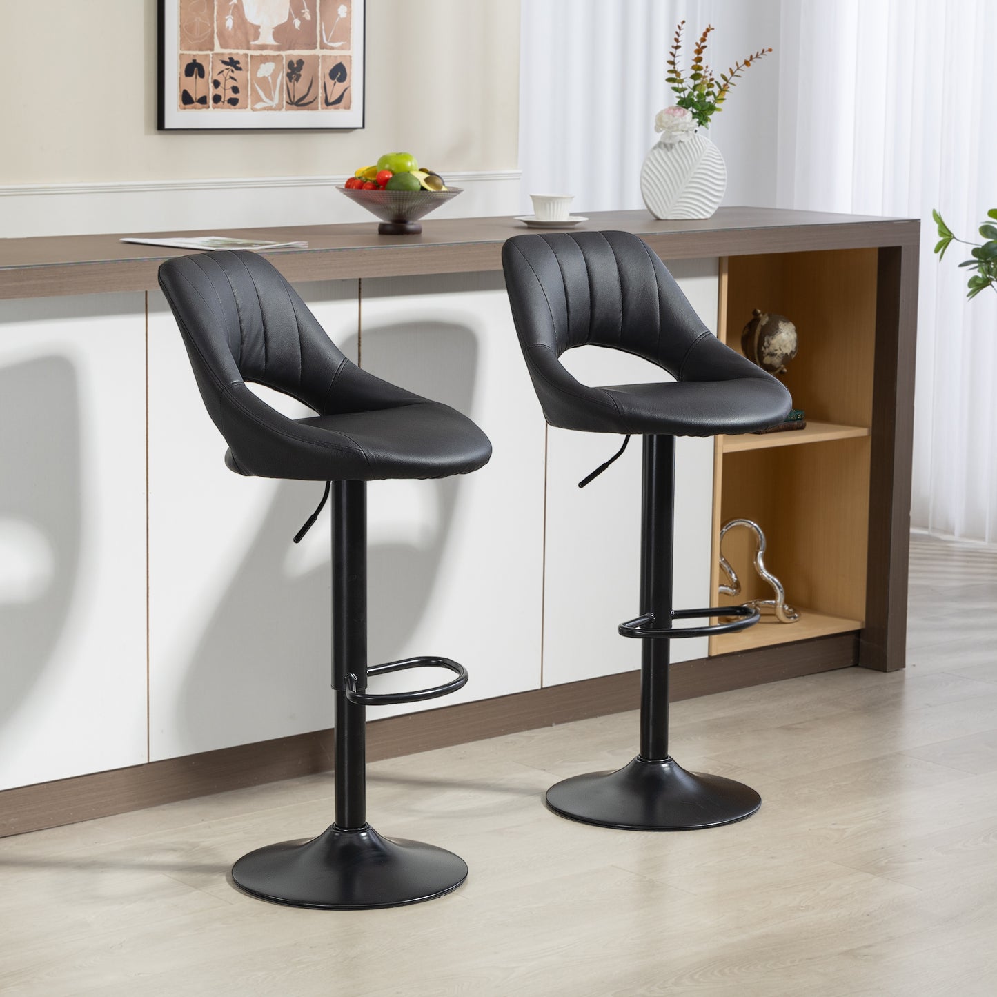 Nadi Set Of 2 Black Faux Leather Bar Chairs With Padded Seats