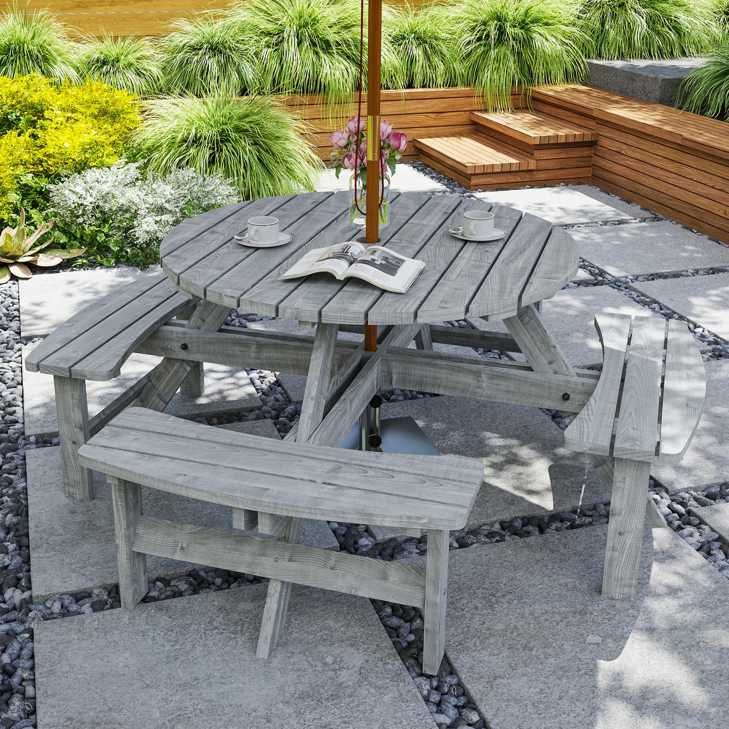 Neel 8 Seater Grey Wood Round Garden Picnic Set Table and Benches