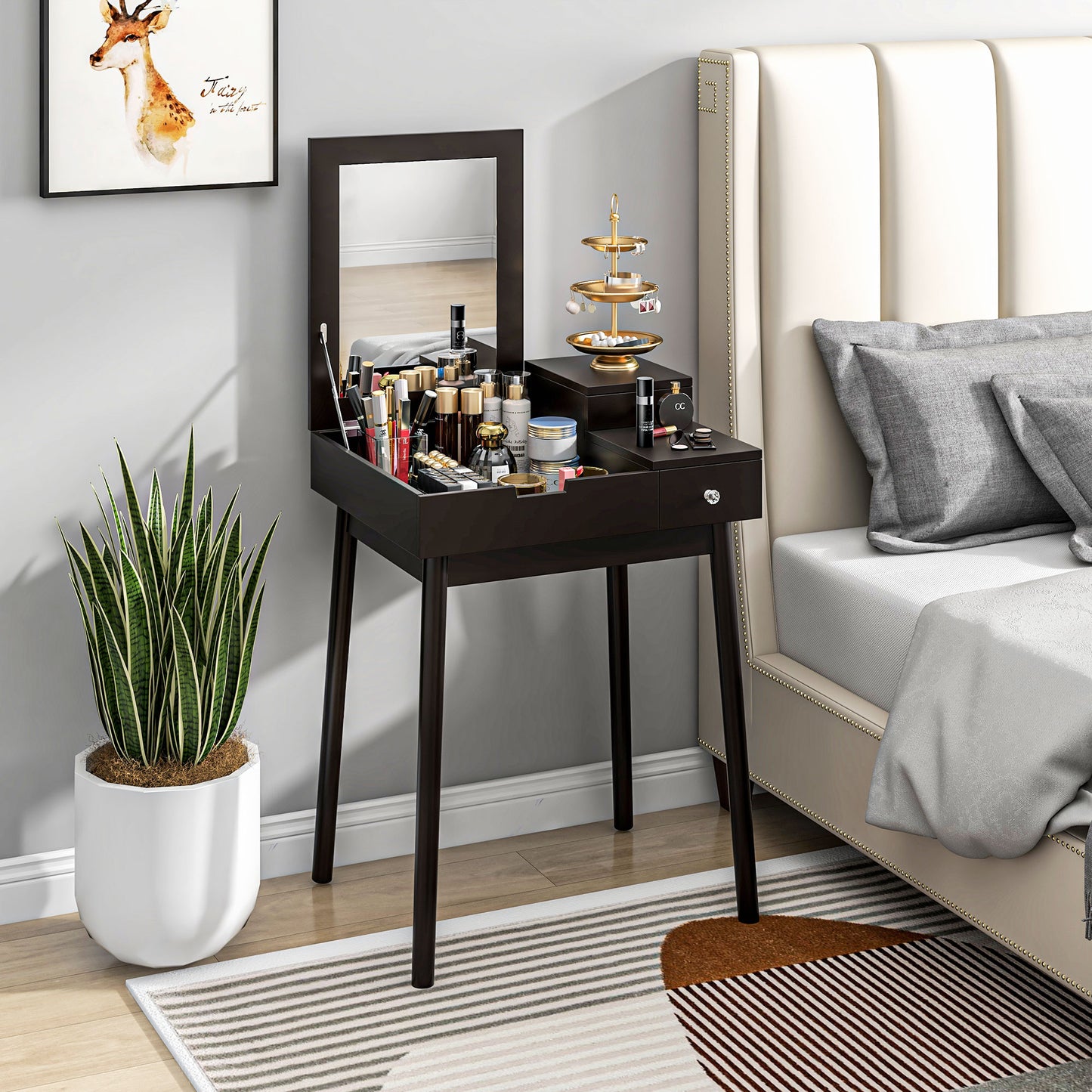 Sinotti Black Dressing Table With Flip Up Mirror 2 Drawers And Wood Legs
