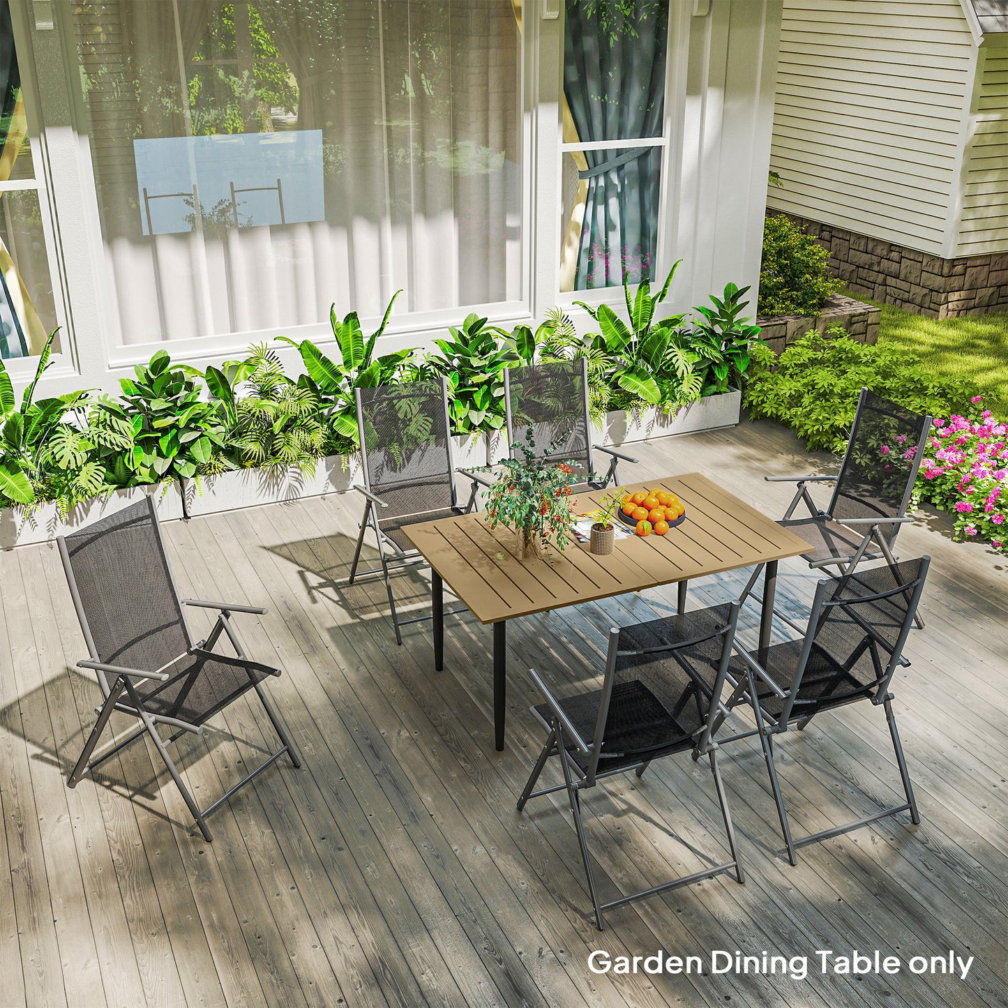 Safafa 150cm Metal Brown Rectangular Garden Dining Table With Slatted Top And Parasol Hole