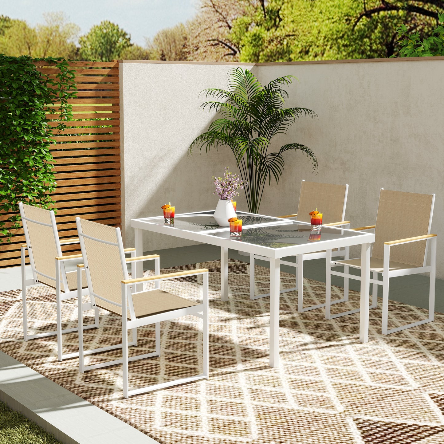 Hare 4 Seater White Metal and Cream Mesh Garden Furniture Set with Tempered Glass Table Top