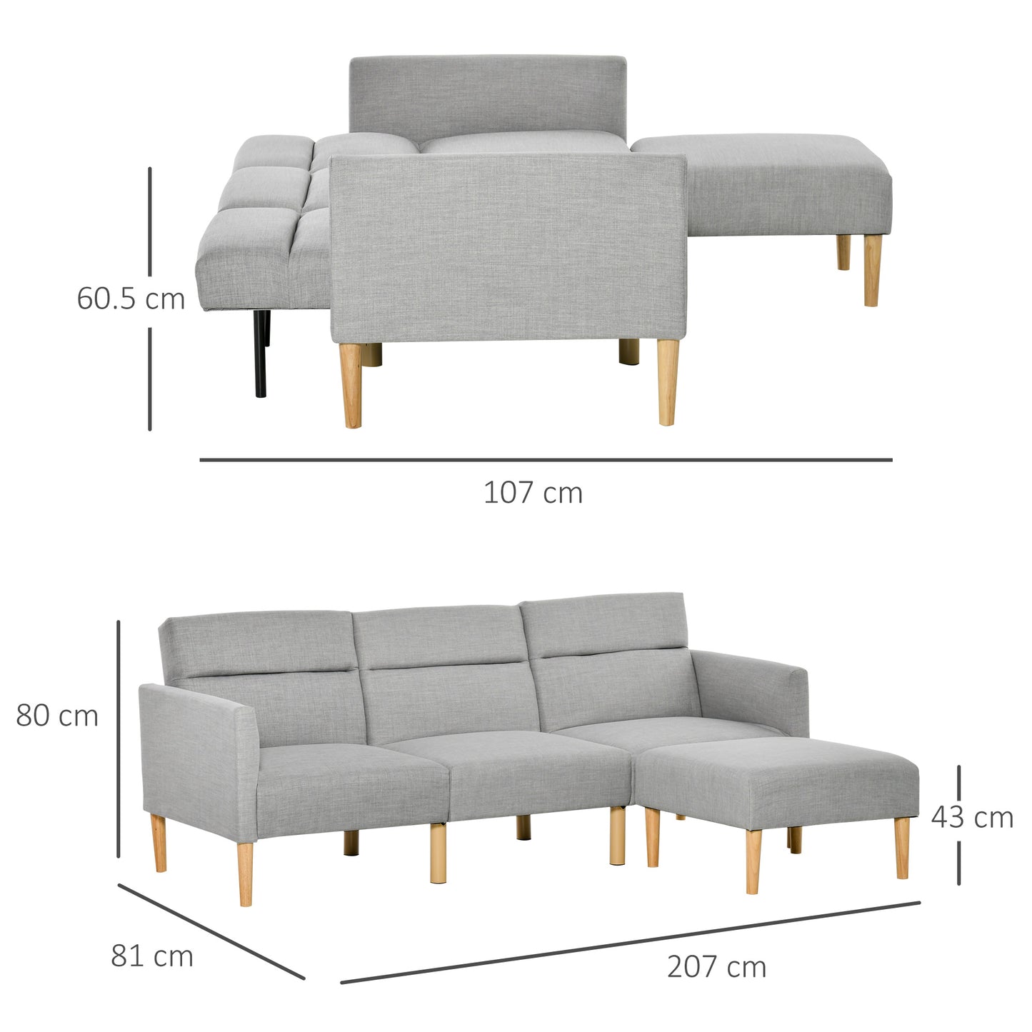 Nosove Diri Linen Light Grey Corner Sofa Bed Set With Footstool And Rubberwood Legs