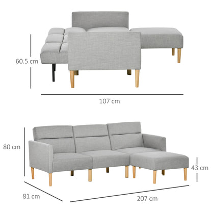 Nosove Diri Linen Light Grey Corner Sofa Bed Set With Footstool And Rubberwood Legs