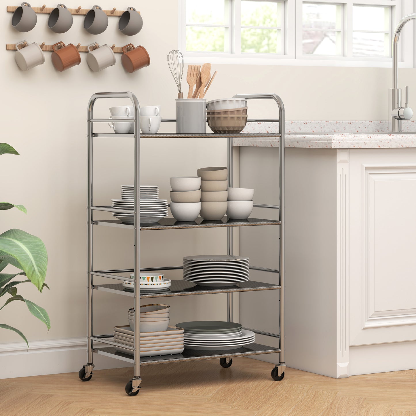 Lalu Stainless Steel Silver 4 Tier Kitchen Trolley With Adjustable Shelves