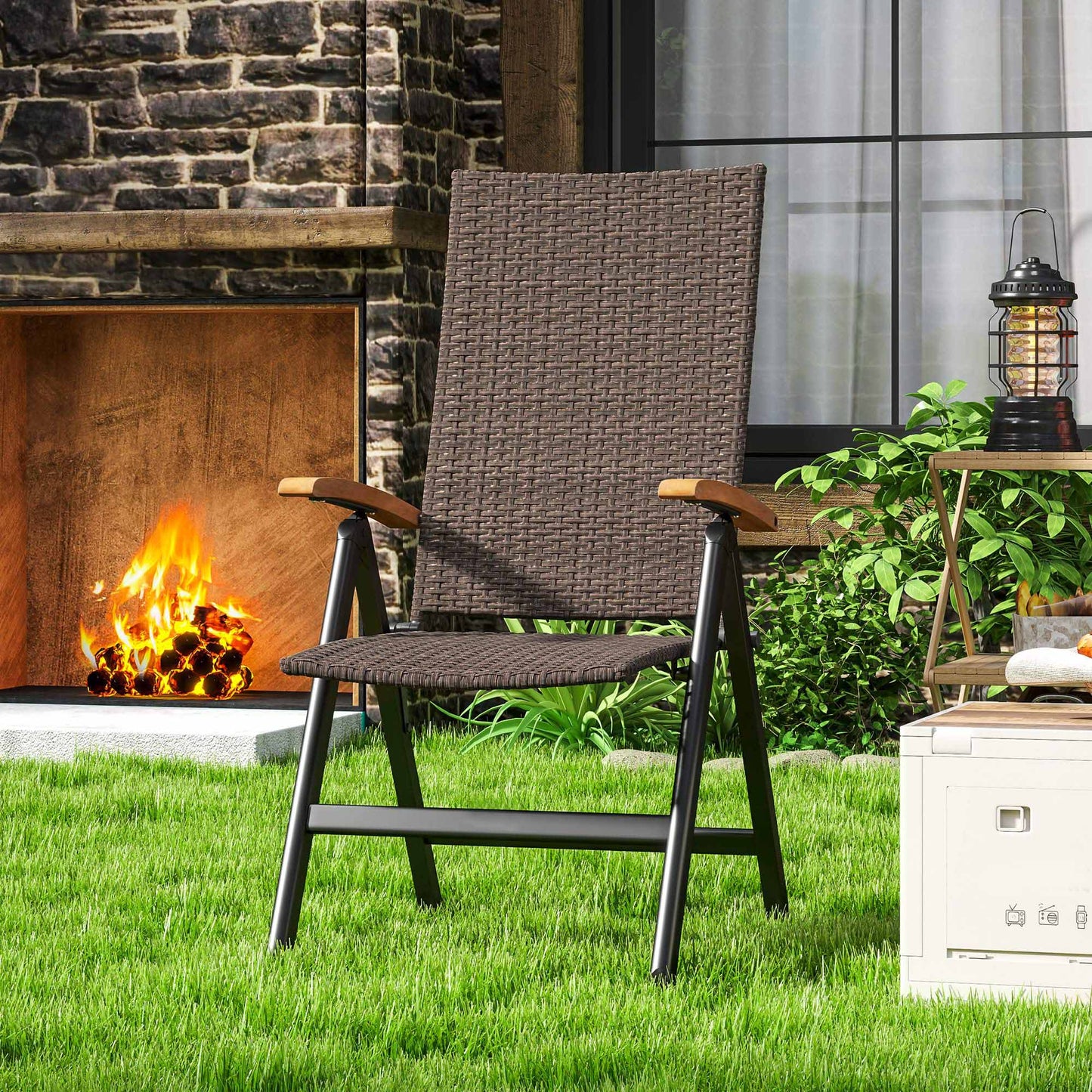 Halino Rattan Brown Folding Garden Dining Chair With 5 Position Reclining Back And Wooden Armrests