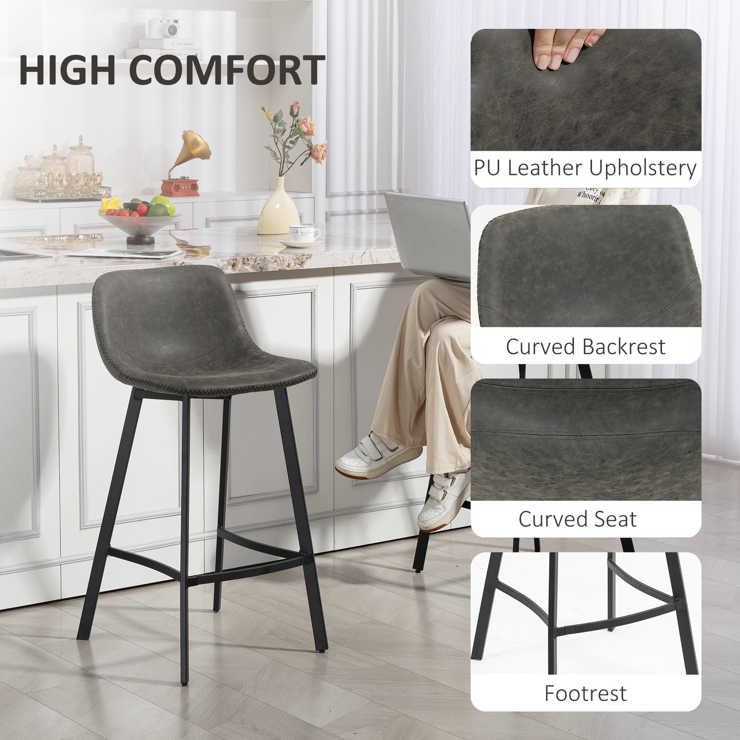 Nora Set Of 2 Grey Faux Leather Dining Bar Stools With Back And Foot Support