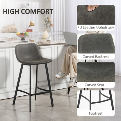 Nora Set Of 2 Grey Faux Leather Dining Bar Stools With Back And Foot Support