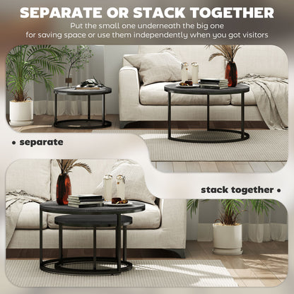 Rali Metal And Wood Black Set Of 2 Marble Effect Nesting Coffee Tables