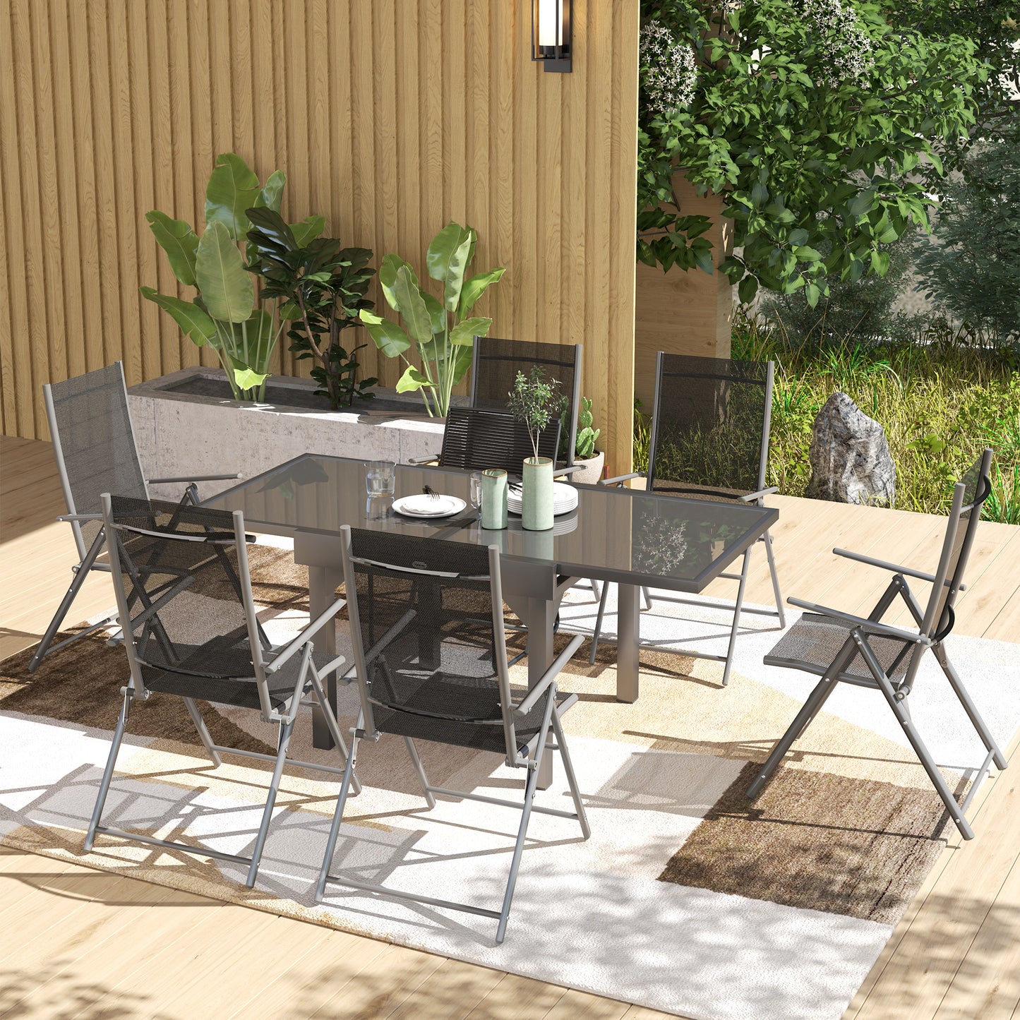 Cosuri 6 Seater Grey Mesh Outdoor Dining Set with Extendable Table and Folding Chairs
