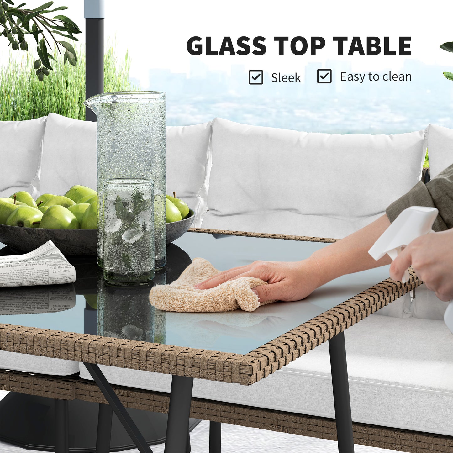 Sacoel Natural Rattan White 8 Seater Outdoor Corner Sofa Set With Glass Top Table