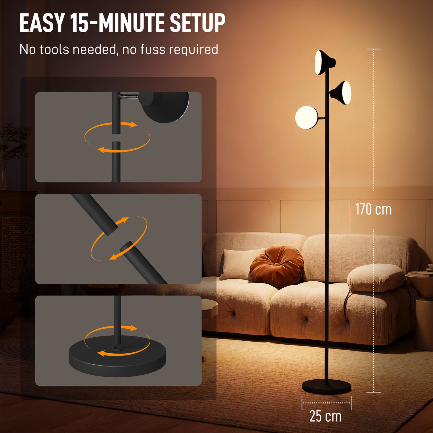 Neso Metal Black 3 Lamp Adjustable Floor Light With Directional Heads