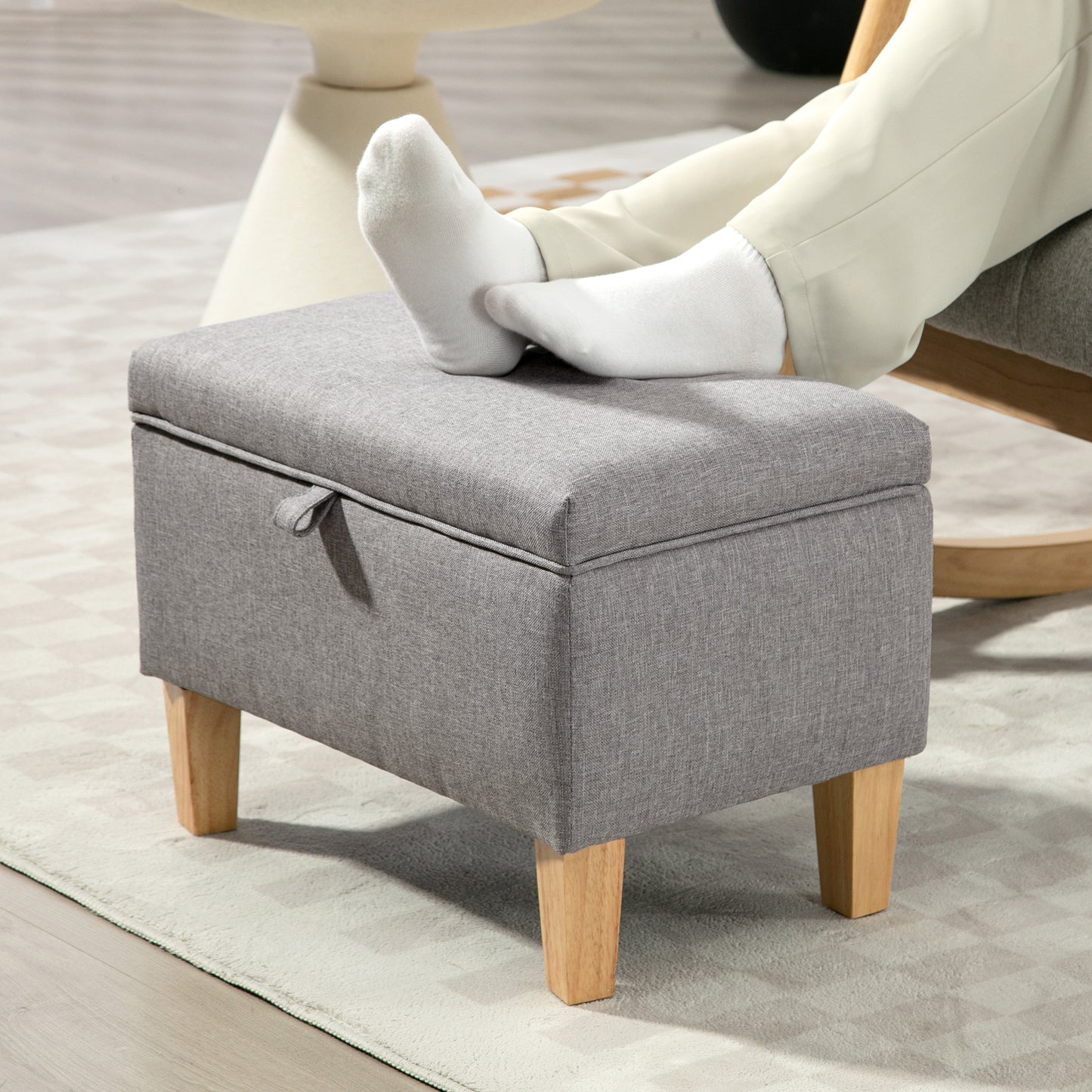 Tonale Linen Light Grey Compact Storage Footstool With Natural Wooden Legs