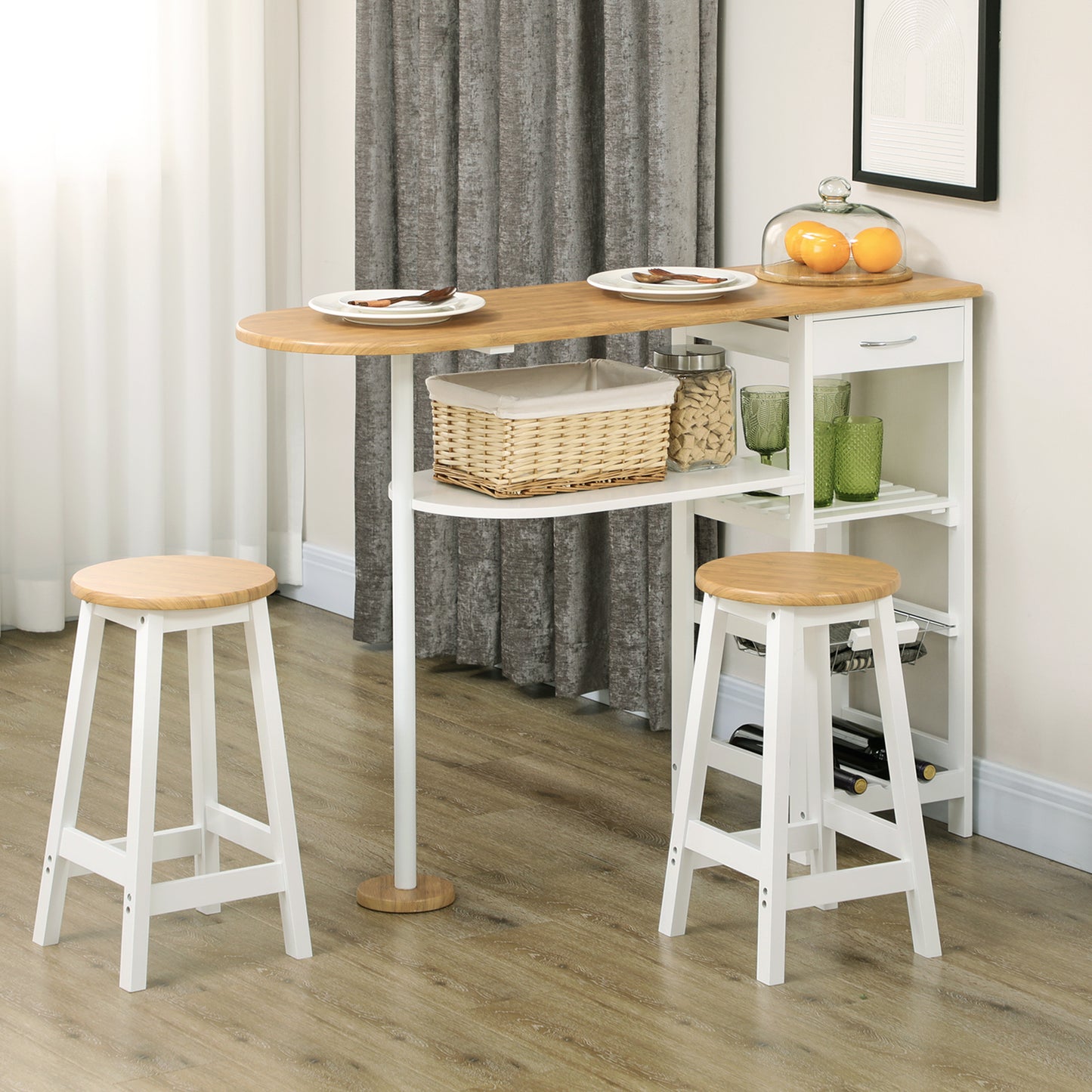 Zipa Wooden Natural And White 3 Piece Breakfast Bar Set With Storage And Wine Rack