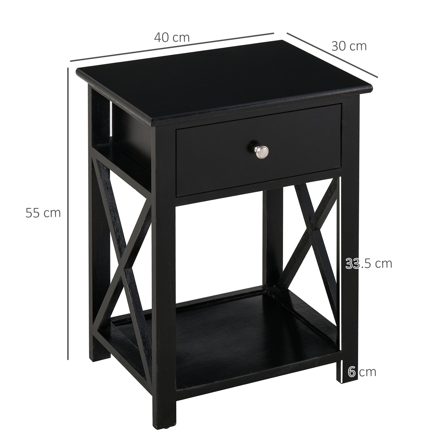Vidodo Black Wooden Bedside Table With Drawer X Bar Base And Lower Shelf