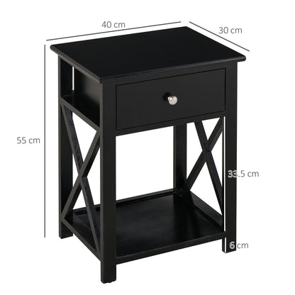 Vidodo Black Wooden Bedside Table With Drawer X Bar Base And Lower Shelf