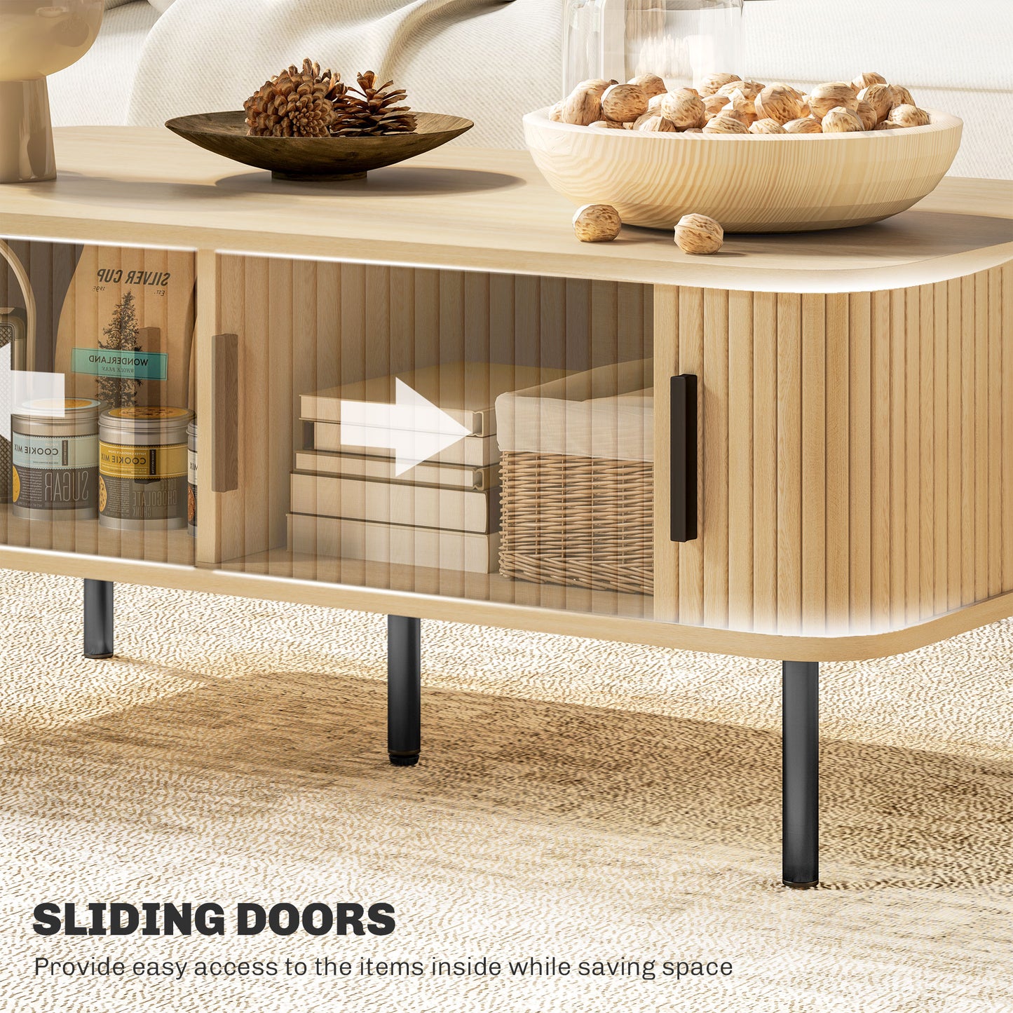 Lafi Wooden Oak Rectangular Coffee Table With Sliding Tambour Doors