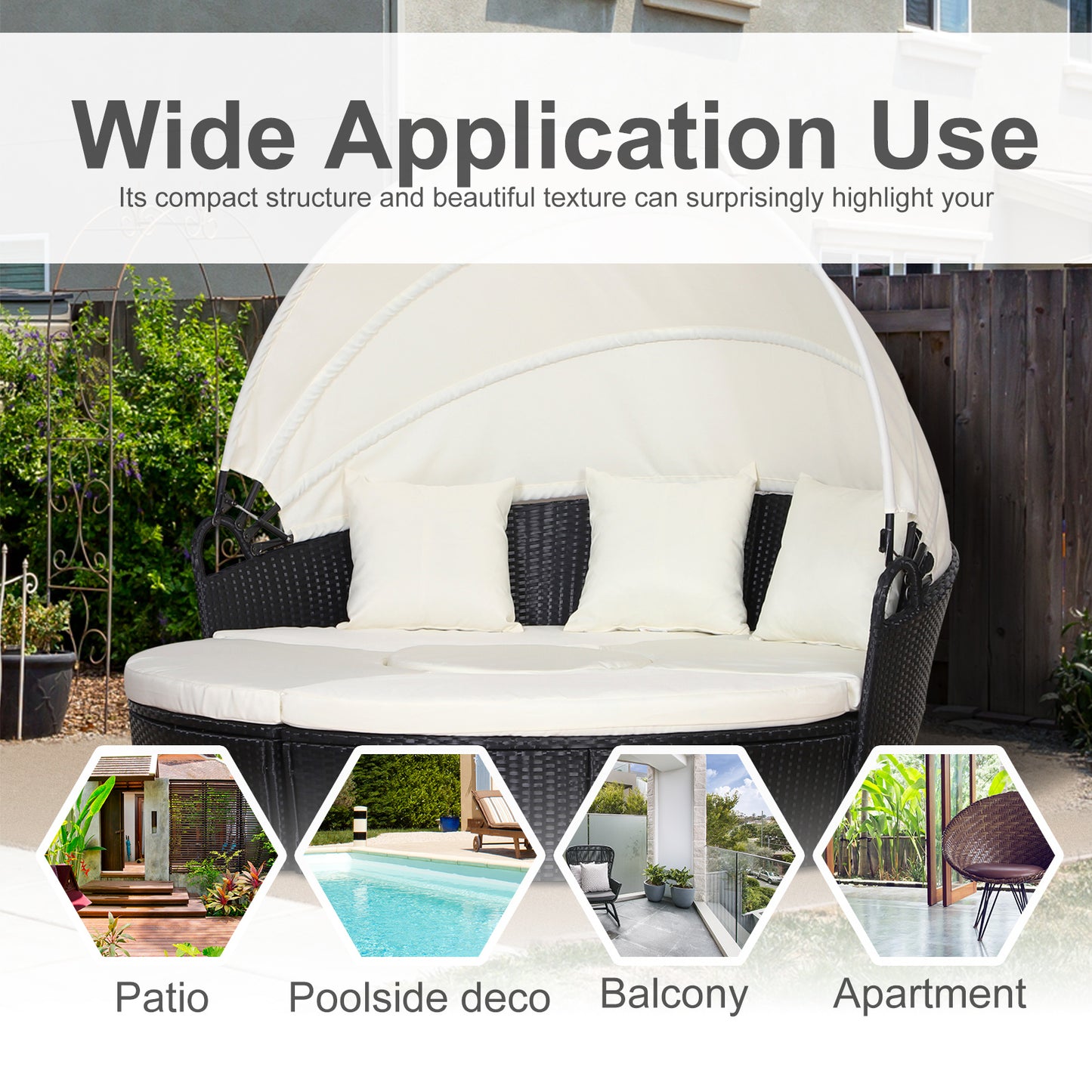 Taso Veli Rattan Black And White 5 Piece Outdoor Daybed Set With Canopy