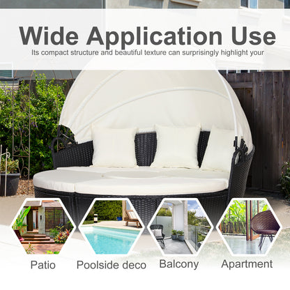Taso Veli Rattan Black And White 5 Piece Outdoor Daybed Set With Canopy