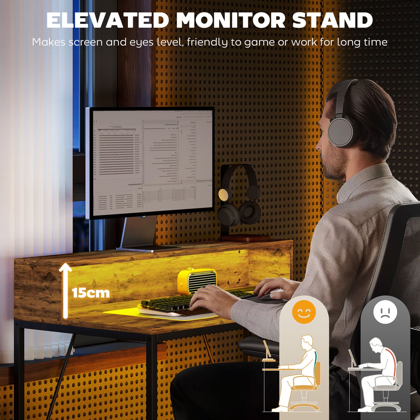 Rena Rustic Brown 100cm Gaming Desk With LED Lights Power Outlets And Monitor Stand