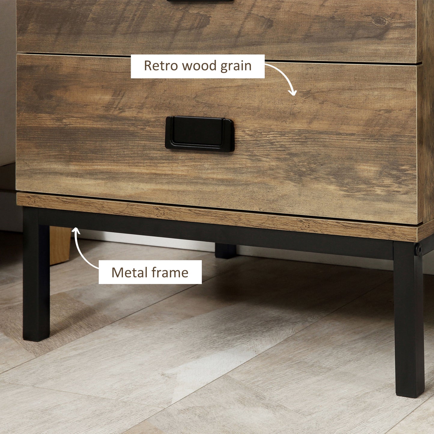 Monoyo Set Of 2 Coffee Brown Retro Bedside Tables 2 Drawers Black Legs