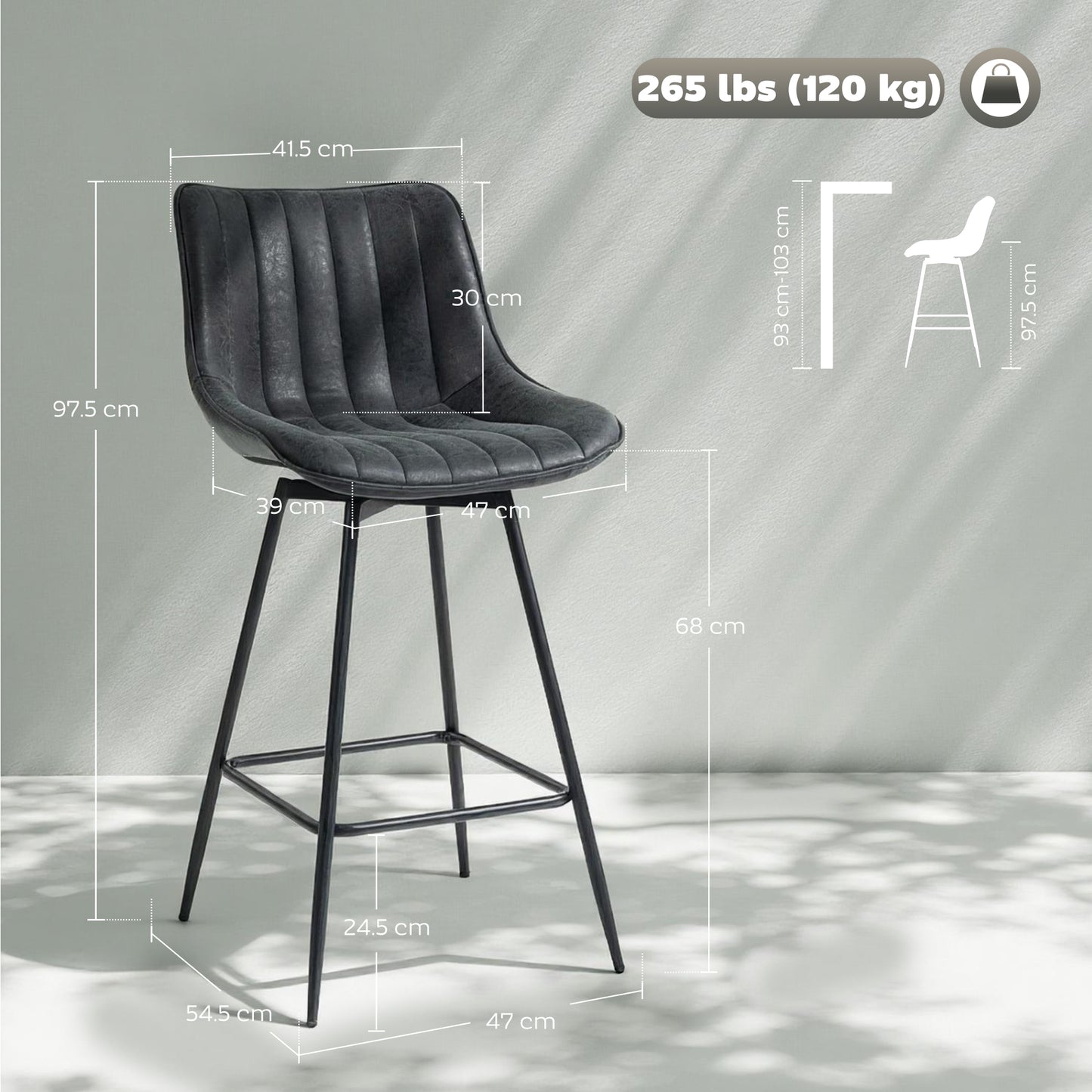 Lono Set Of 2 Black Faux Leather Swivel Counter Stools