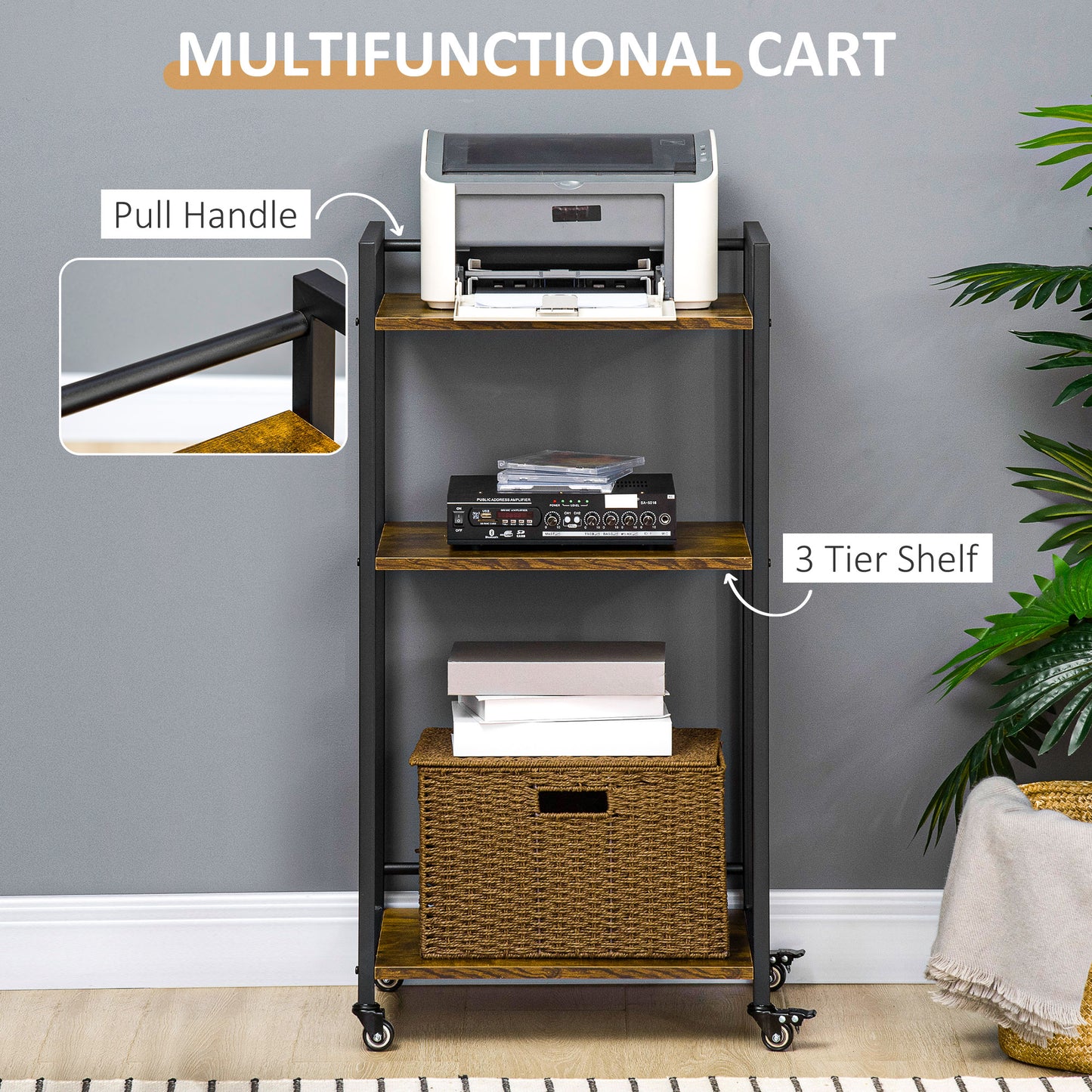 Dinanore Metal And Wood Rustic Brown 3 Tier Rolling Printer Stand With Lockable Wheels