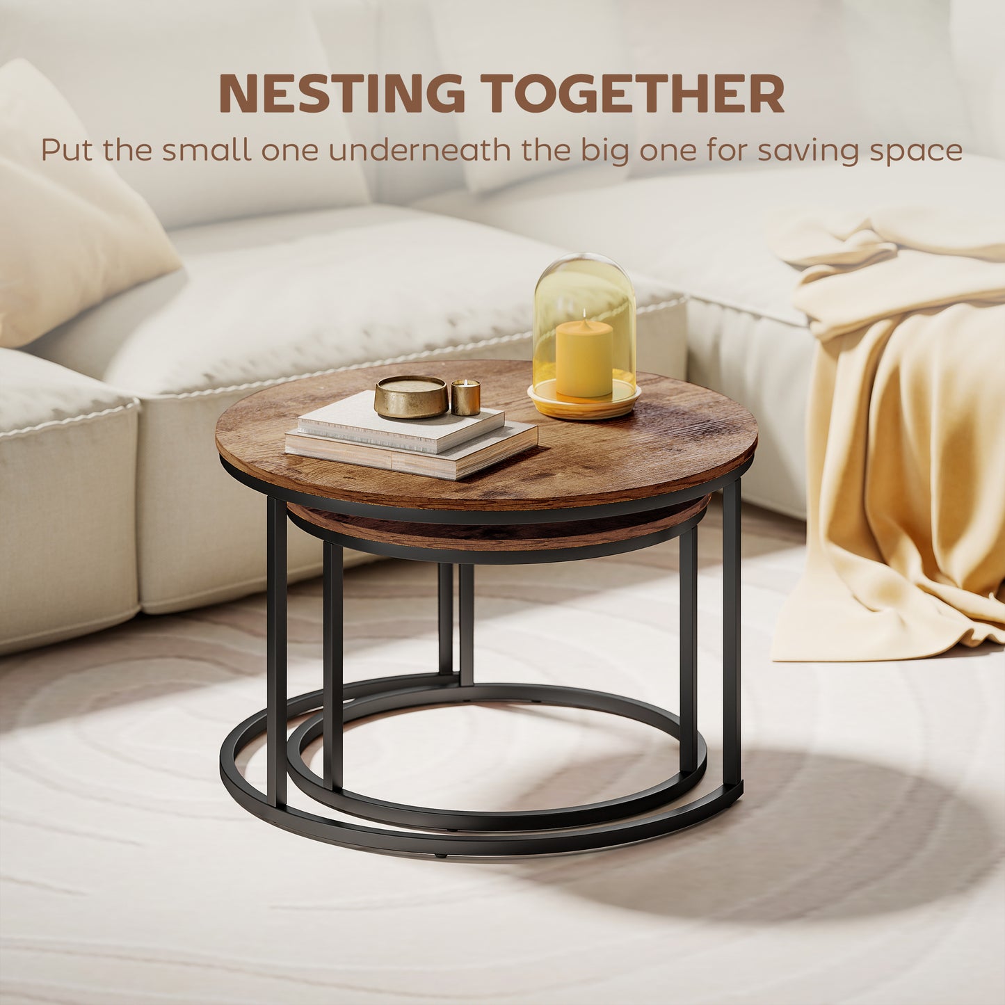 Pasu Set Of 2 Round Nesting Coffee Tables Metal And Wood Rustic Brown