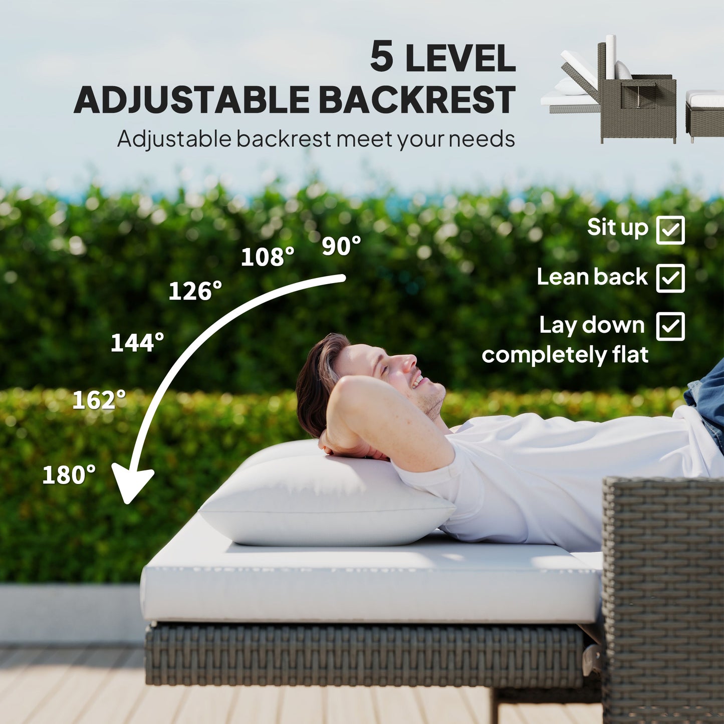 Taelre Rattan Light Grey Outdoor Daybed With Matching Footstool White Cushions