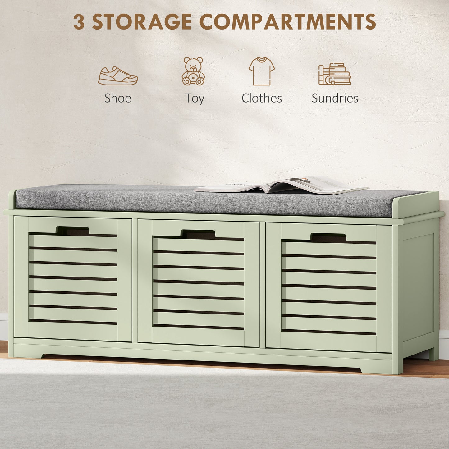 Dilena Wooden Green 3 Drawer Shoe Storage Bench with Grey Padded Seat