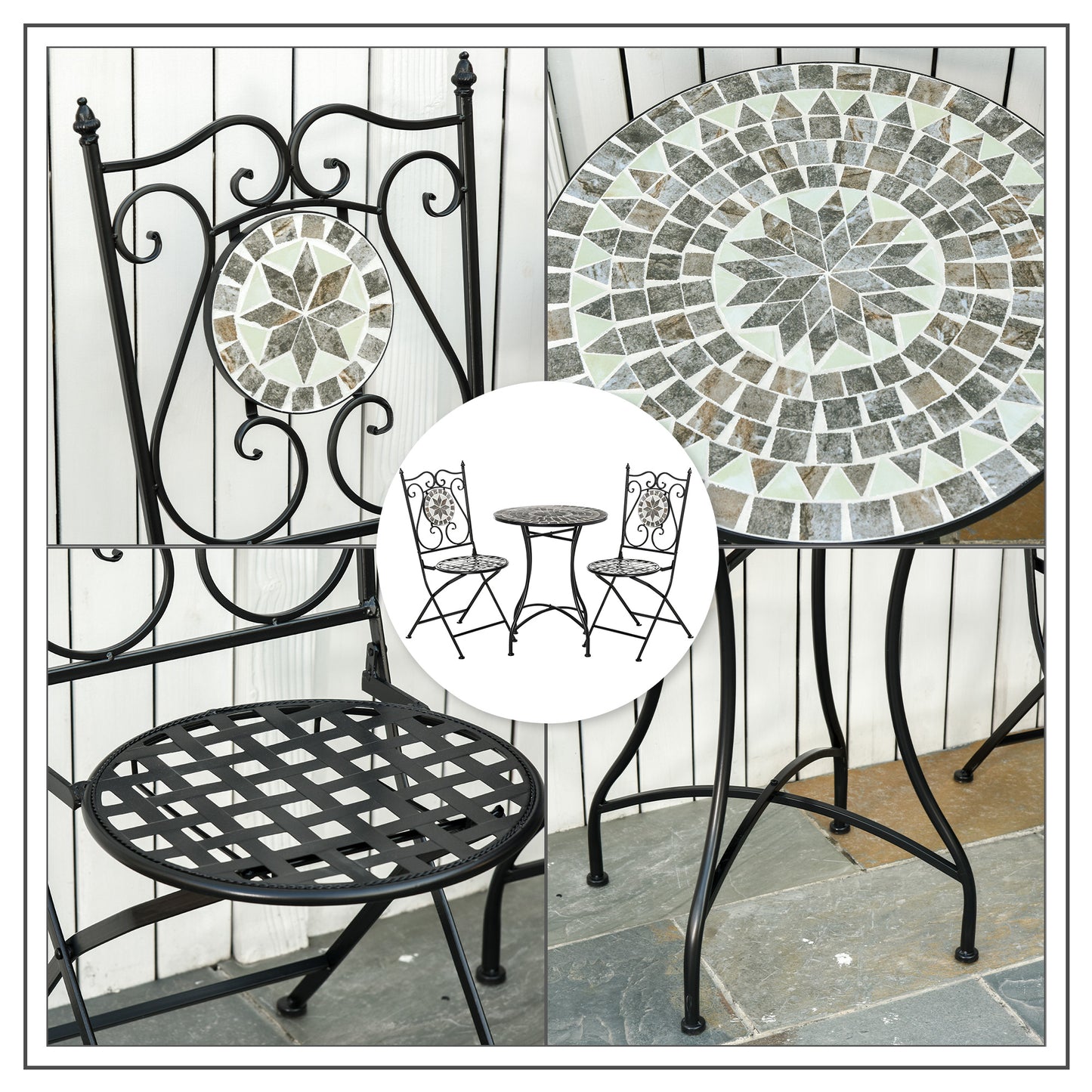 Lilera 3 Piece Mosaic Tile Bistro Set With Folding Chairs And Metal Frame